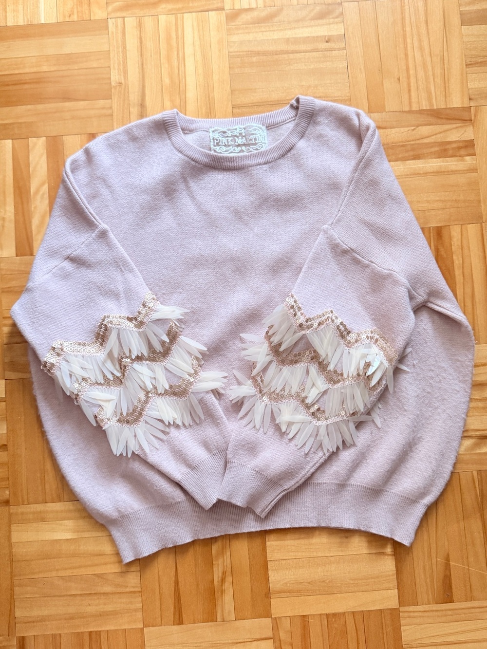 Pink Martini Blush Sequin & Feather Sleeve Crewneck Sweater Oversized